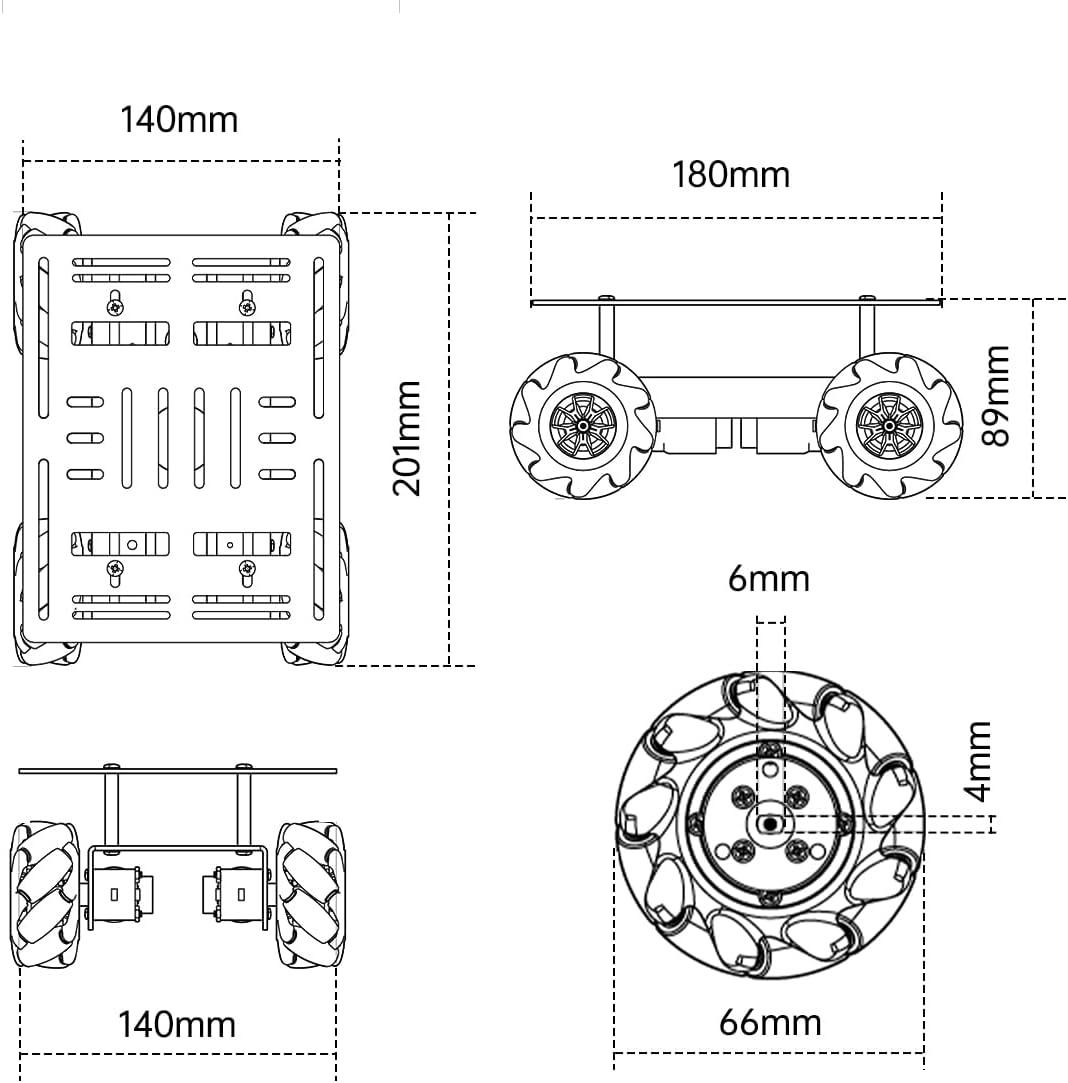 image:imageMecanum Robot Chassis Car Kit with 360 Omnidirectional Wheel Aluminum Alloy Frame TT Motor 66mm Omnidirectional Wheels Robotic Moving Platform Robot Car DIY Kit Unassembled